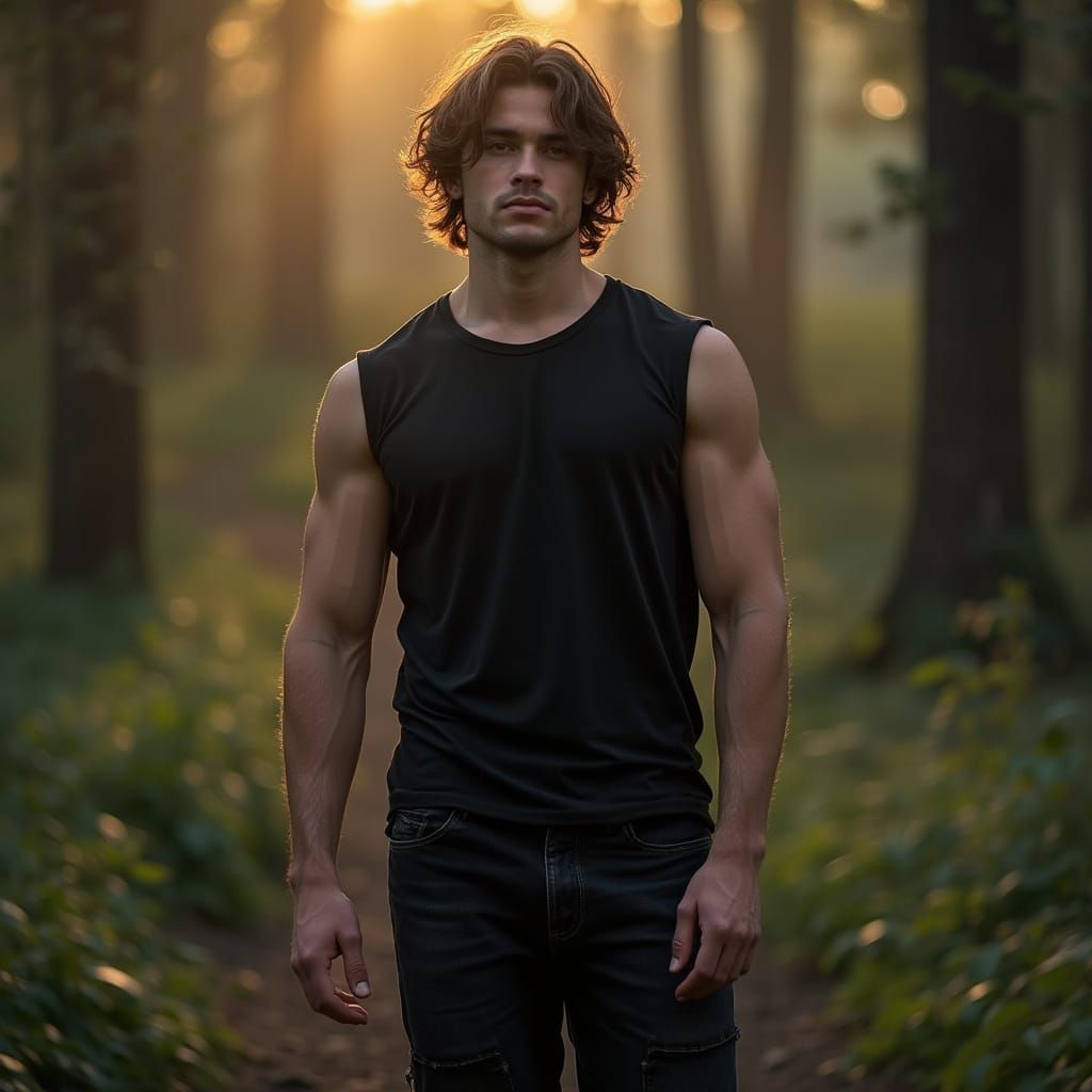 Athletic Man in Black Tee at Forest Dawn