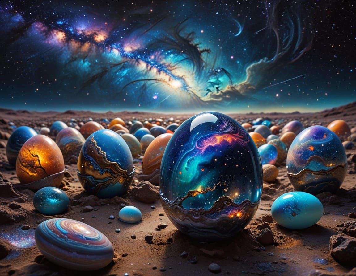 Vivid Cosmic Surrealism Painting with Swirly Galaxy and Glit...