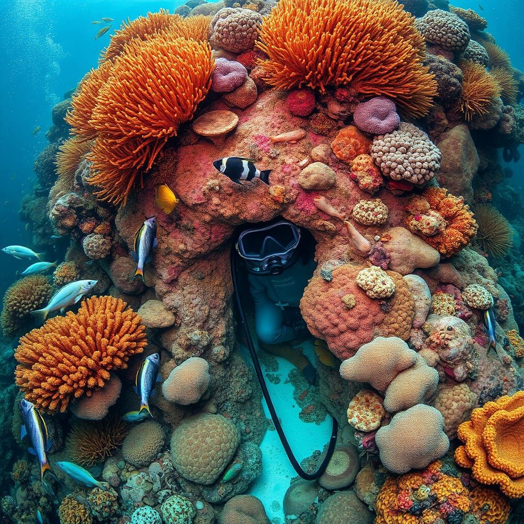 Beatutiful mousse diving submerged in the ocean and overgrown by a stunningly beautiful extremely colorful prominent cor...