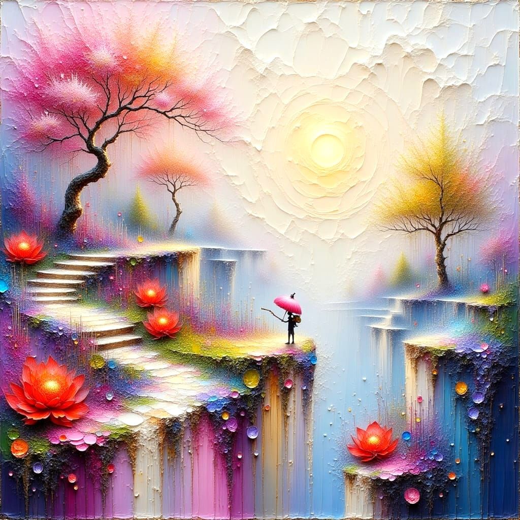 Fantasy Garden on Cliffs in Vibrant Floral Hues