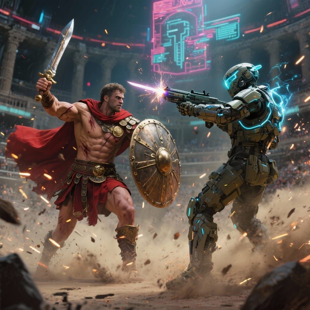 Gladiator vs Futuristic Soldier in Neon Arena
