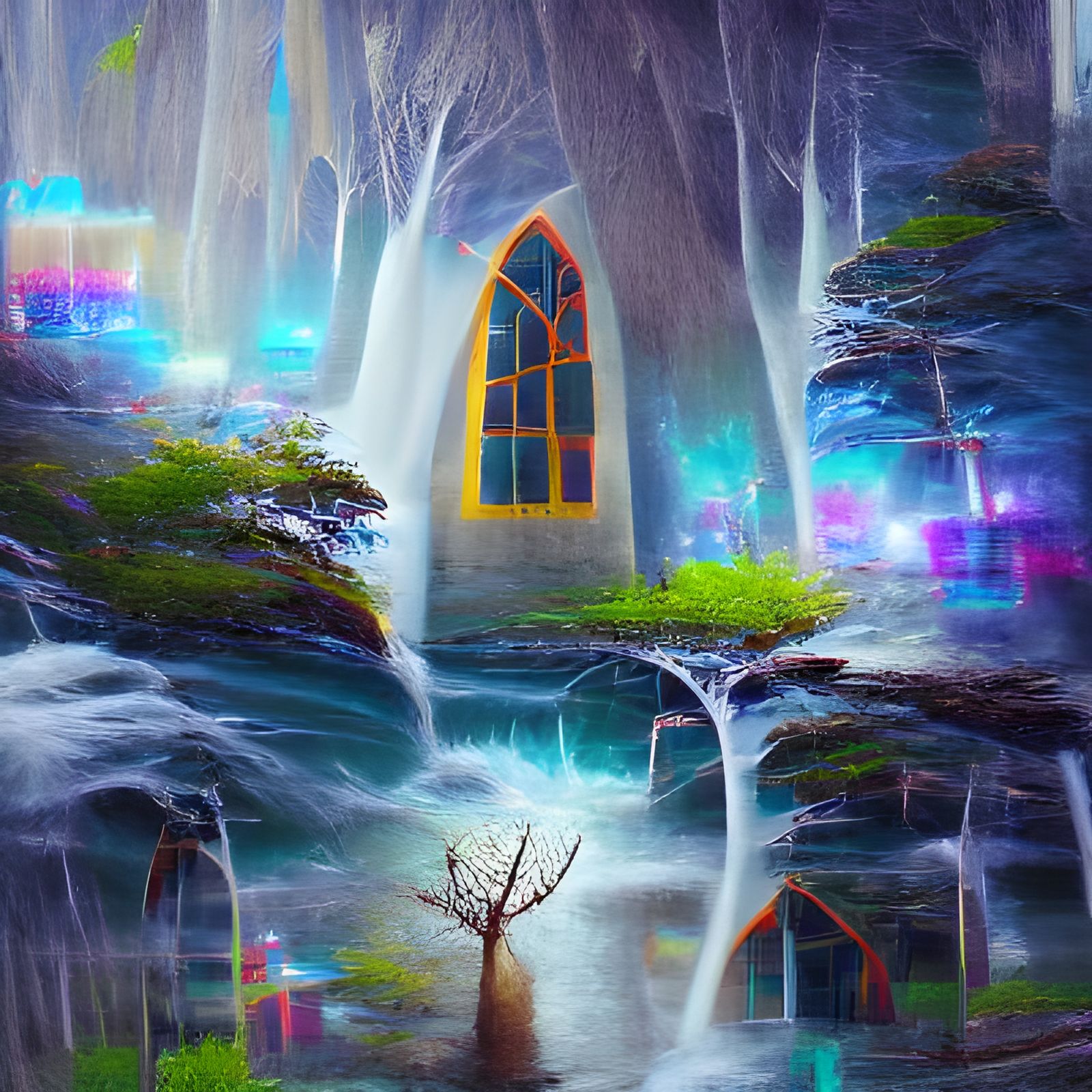 Elven Church Behind Waterfall in Fantasy Forest
