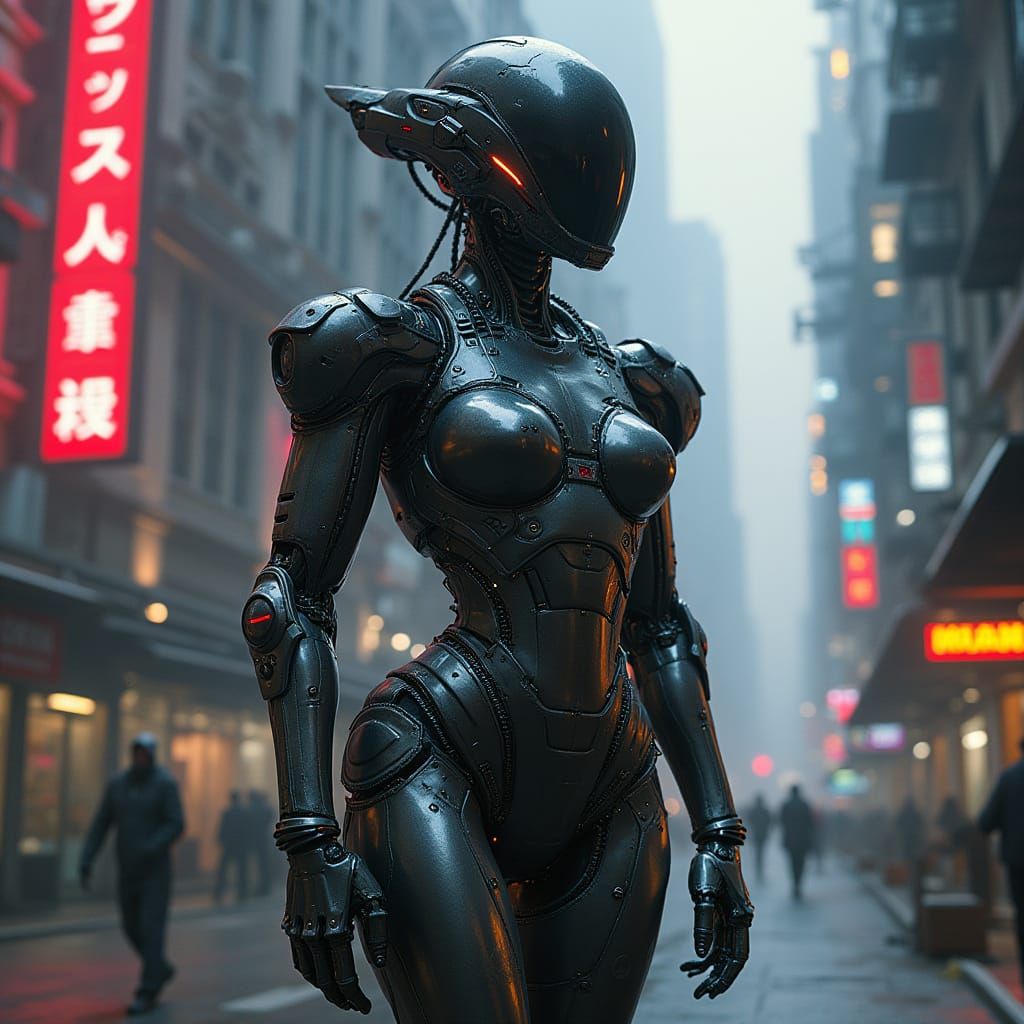 Futuristic Greebles Android in Industrial Cityscape