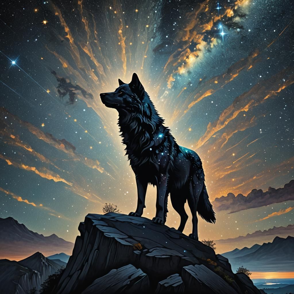 Wolf Silhouette in Starry Night Sky