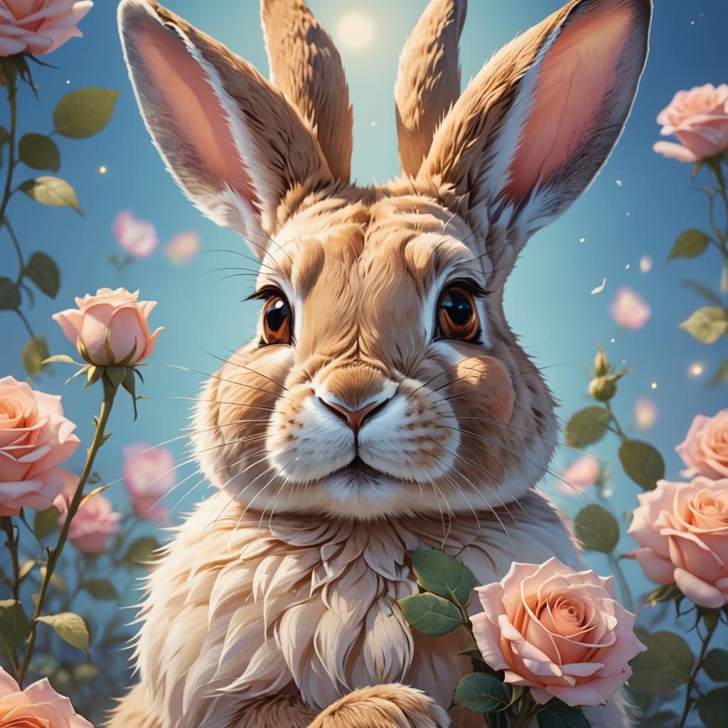 Anime Rabbit Portrait Holding Glowing Rose