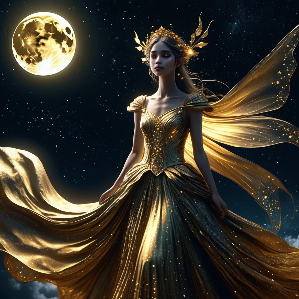 Ethereal Moon Fairy in Flowing Gold Gown