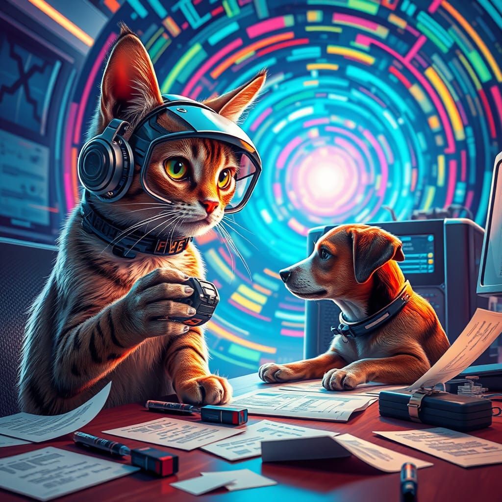 Cat Spying on Dog with 3D Printer, Retro-Futuristic Style