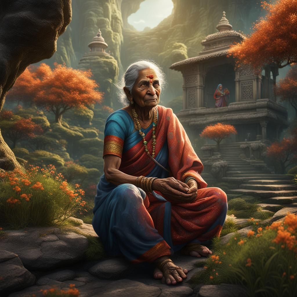 Detailed Matte Painting of Hindu Woman Praying