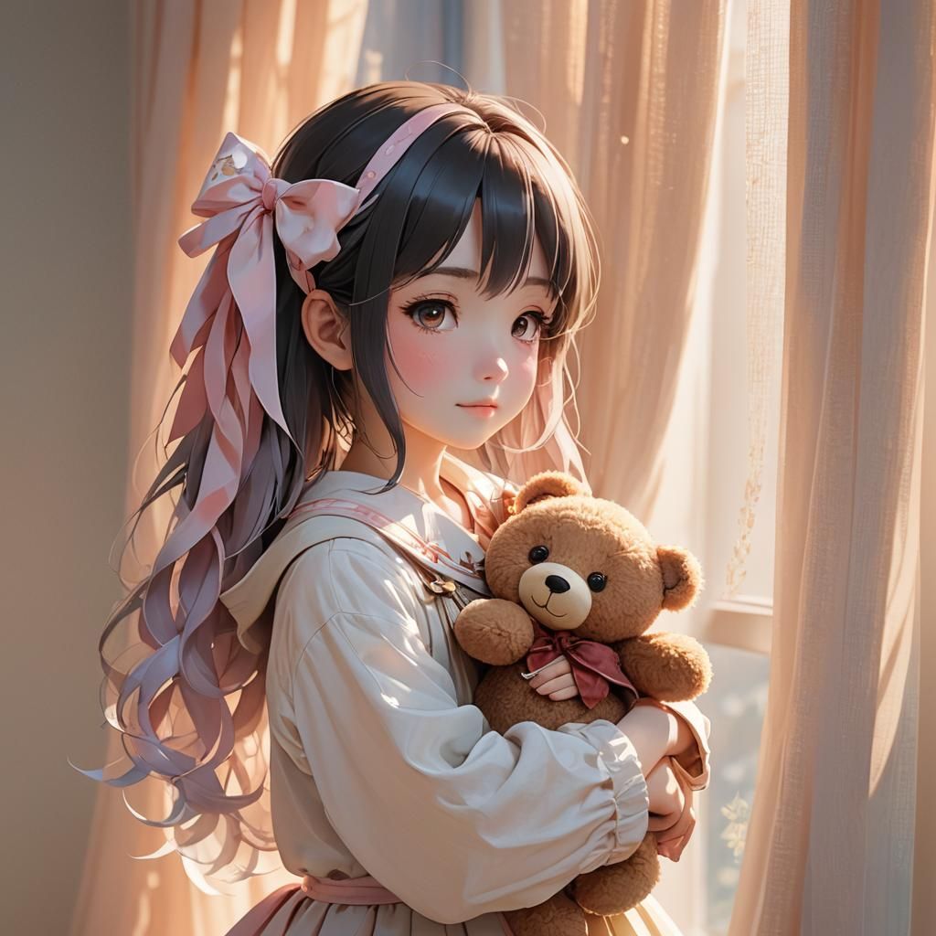 Cute Girl with Teddybear in 3D Anime Style