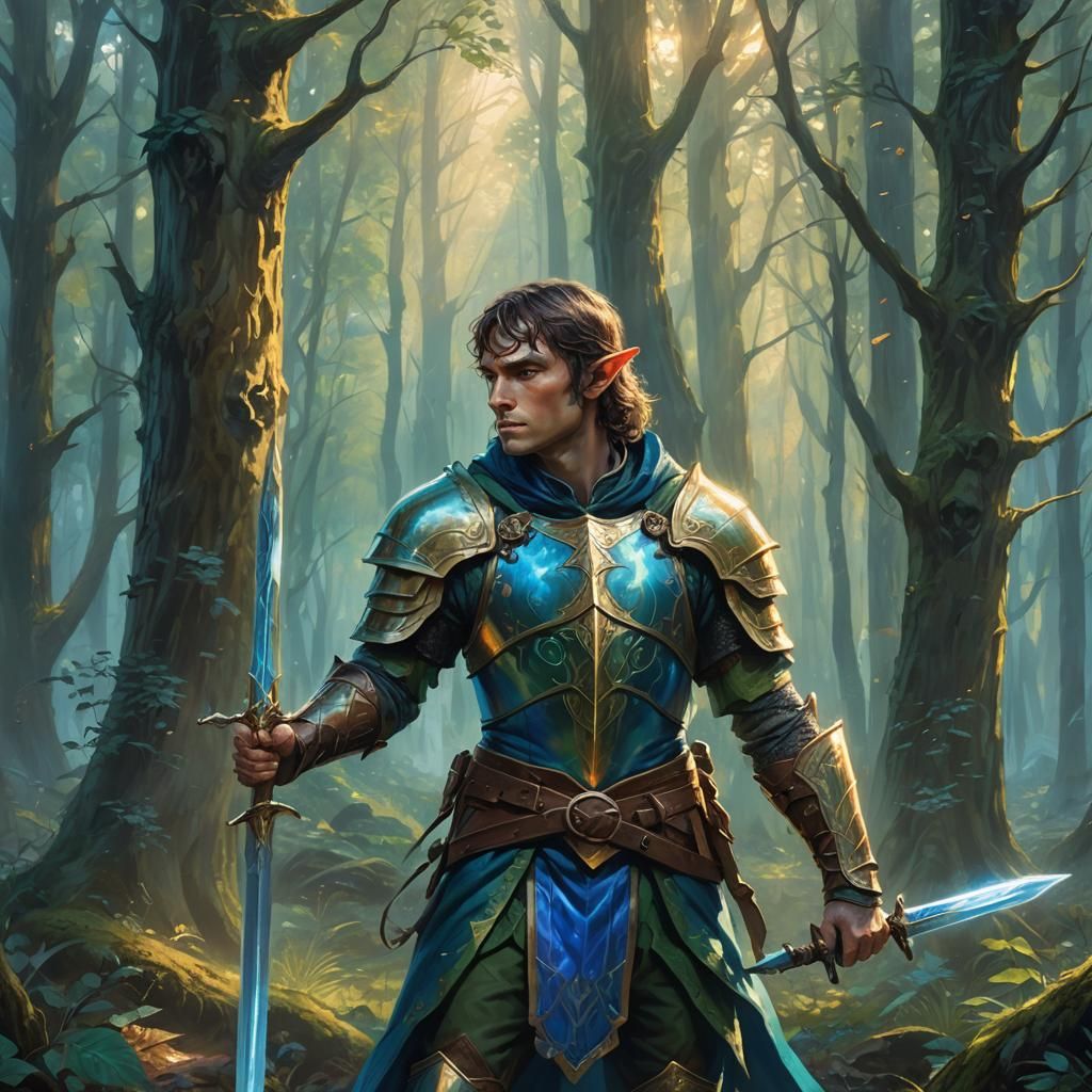 Heroic Half-Elf Warrior in Mystical Forest