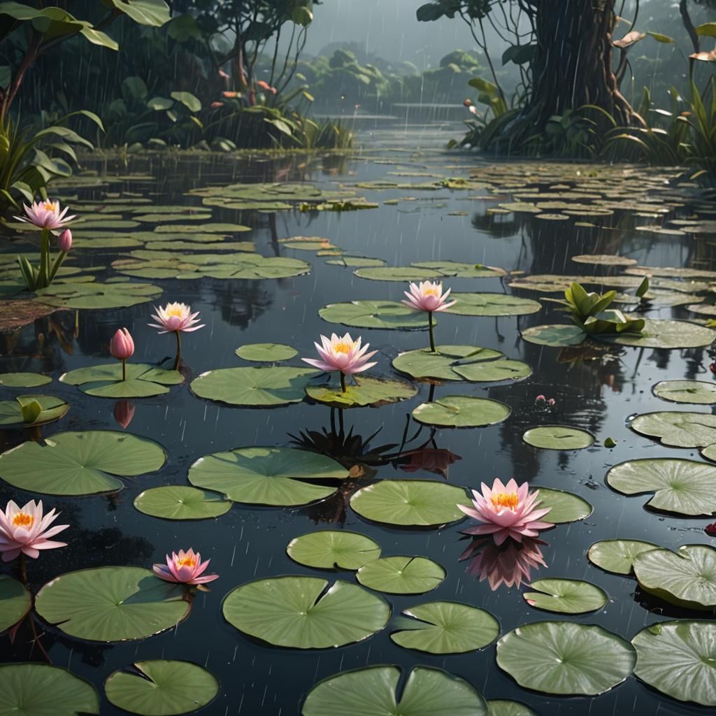 Lily Pad in Rain: Detailed Matte Painting