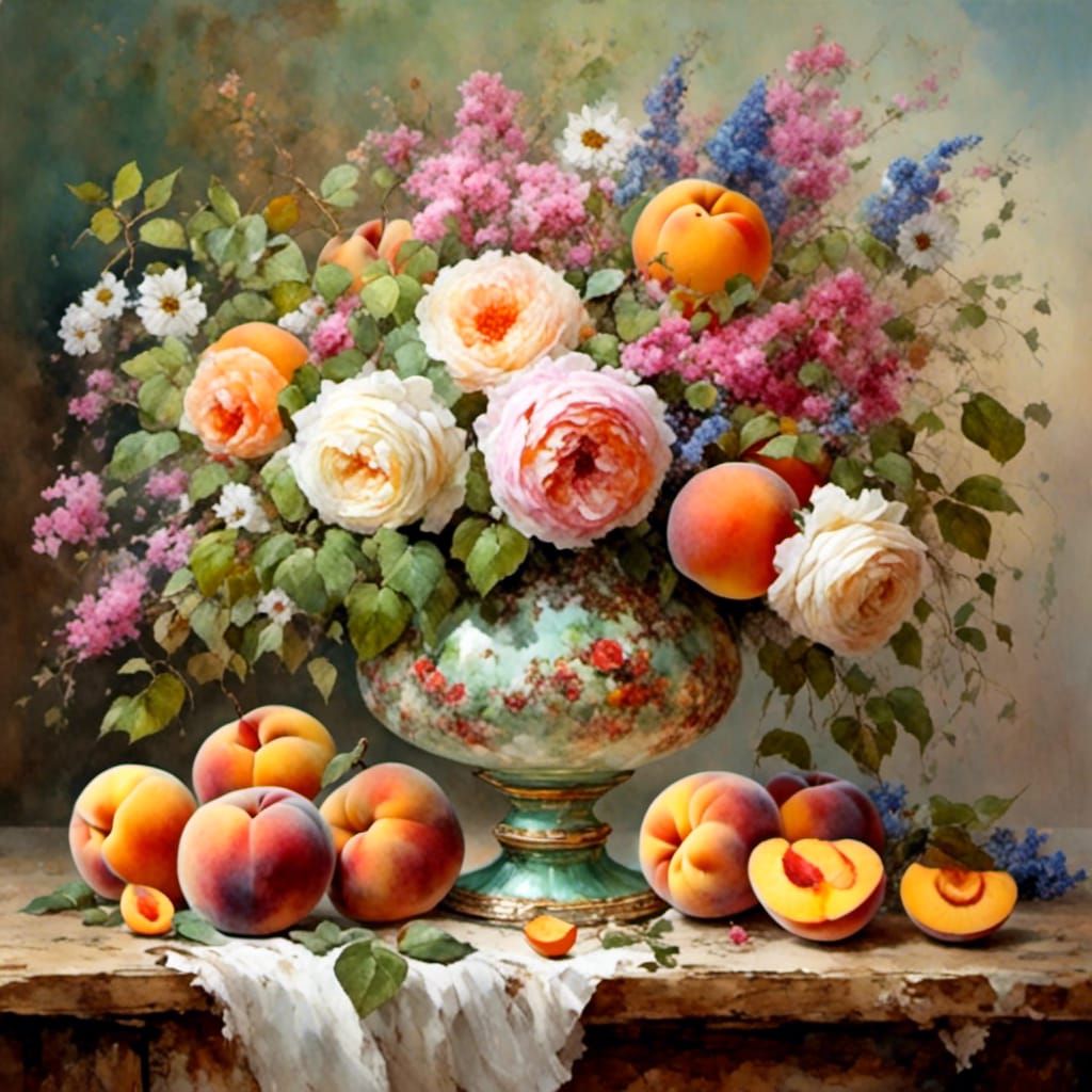 Peach Vase with Roses in Colorful Matte Style