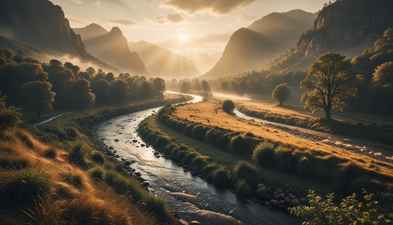Hyperrealistic River Valley Landscape in Morning Light