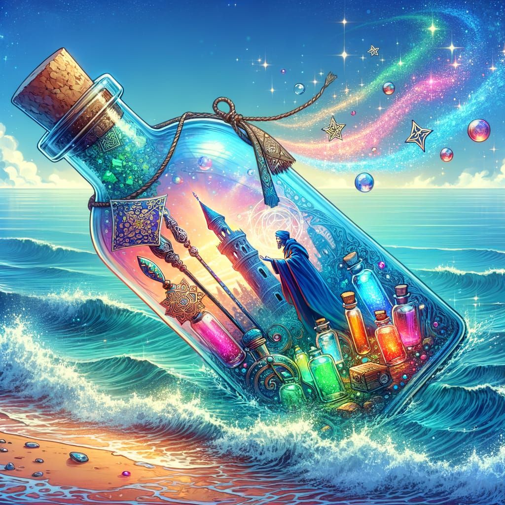 Vibrant Wizard's Tower Scene in a Magical Glass Bottle