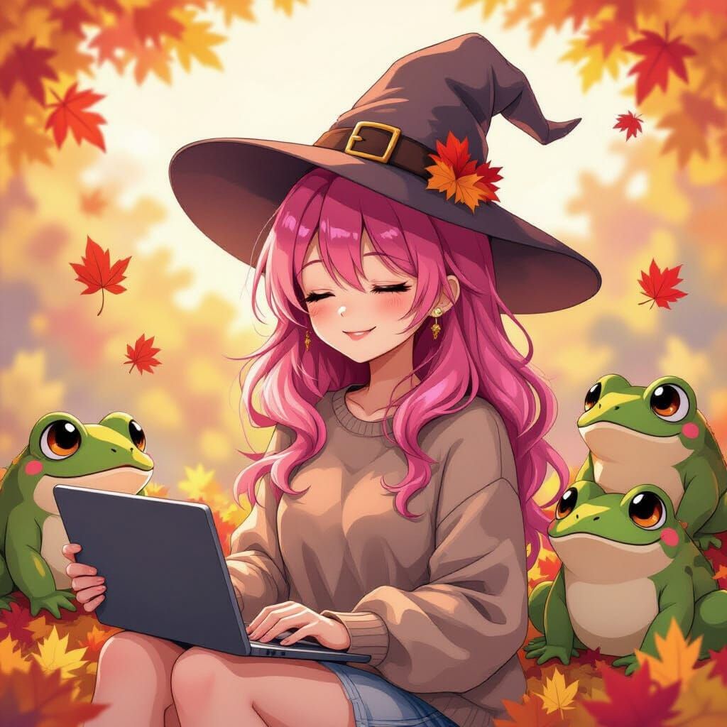 Mystical Anime Witch with Laptop