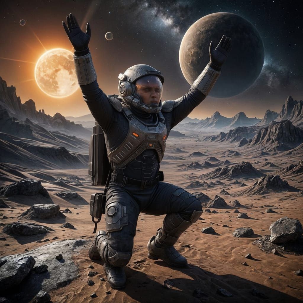 Solitary Traveler Kneels on Desolate Dust Planet