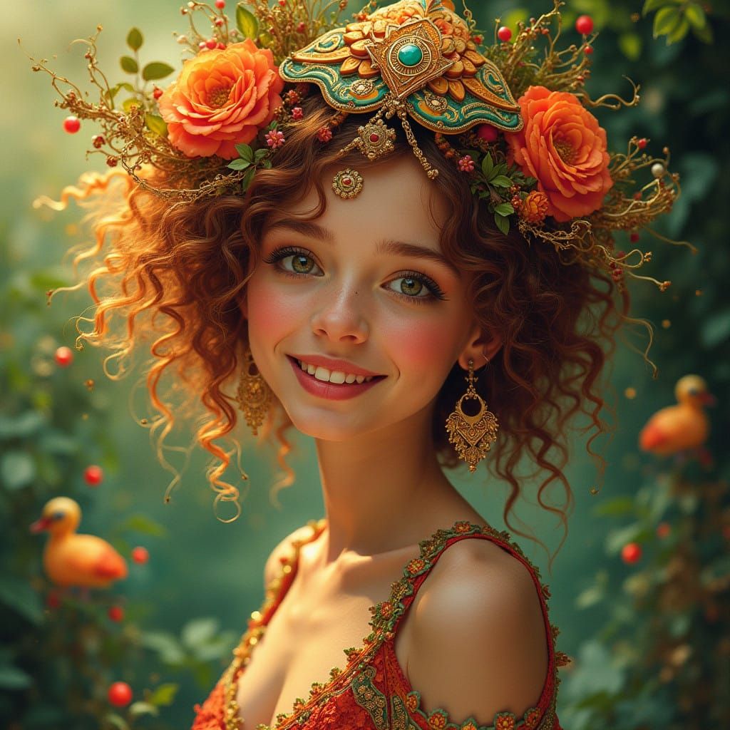 Enchanting Woman in Whimsical Art Nouveau Landscape with Lus...