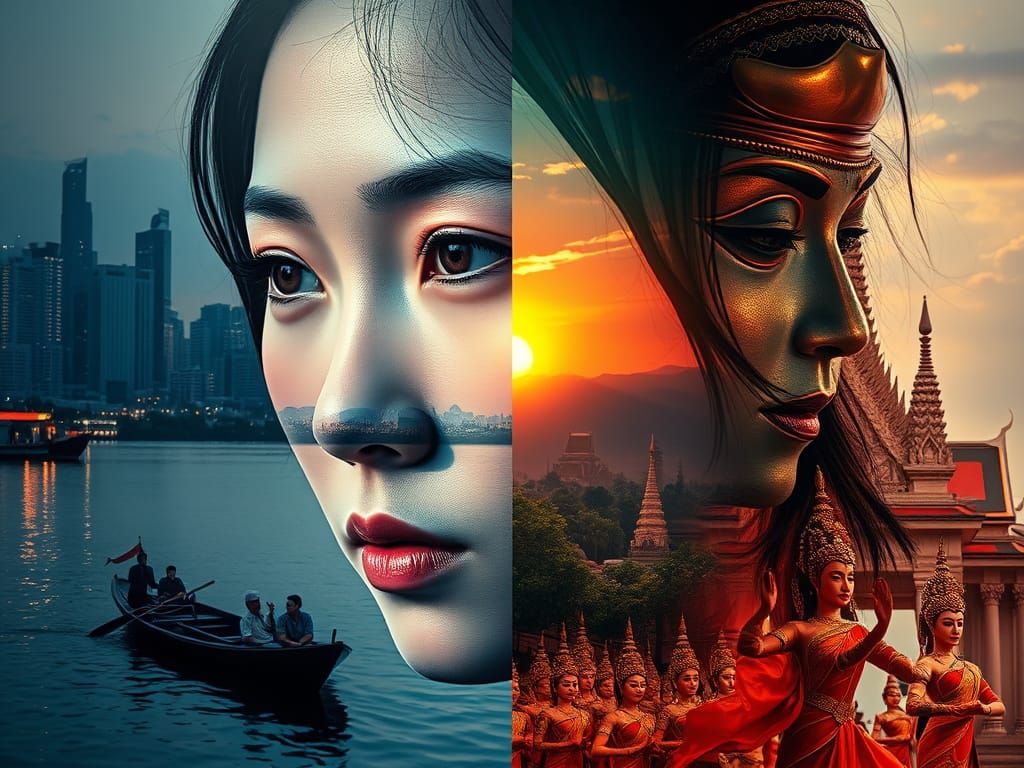 Surreal Portrait of Thai Woman in Dreamlike Collage