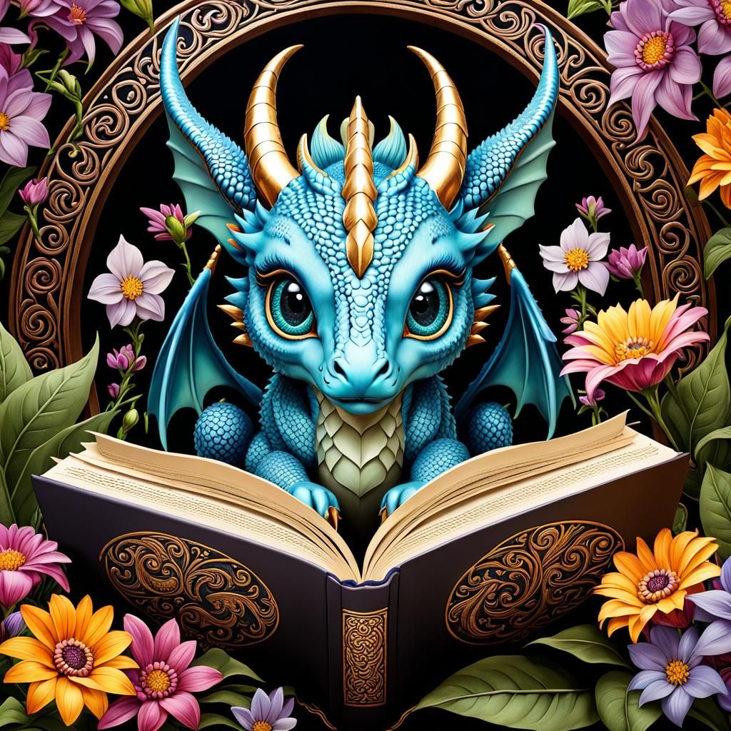 Adorable Baby Dragon Reads Book in Mandala Style
