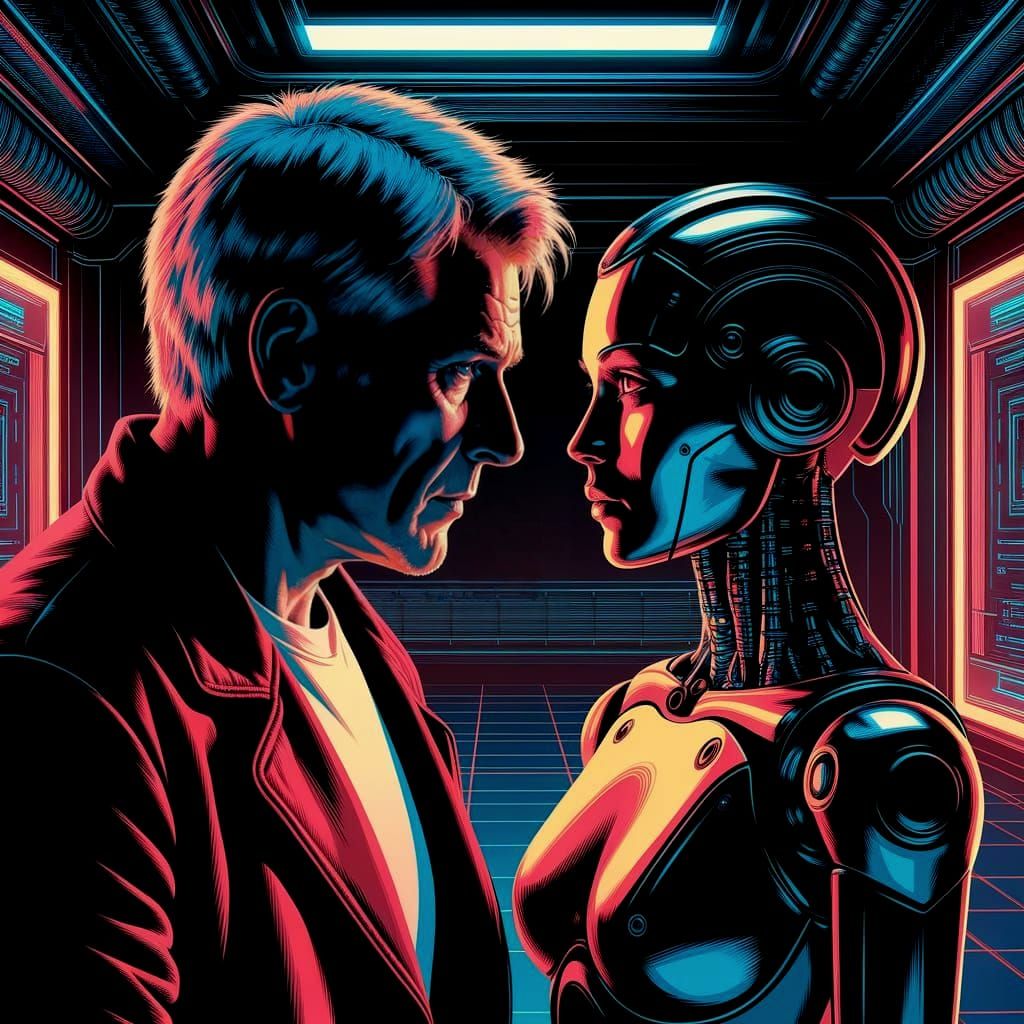 Dramatic Cyberpunk Encounter in Triadic Colors