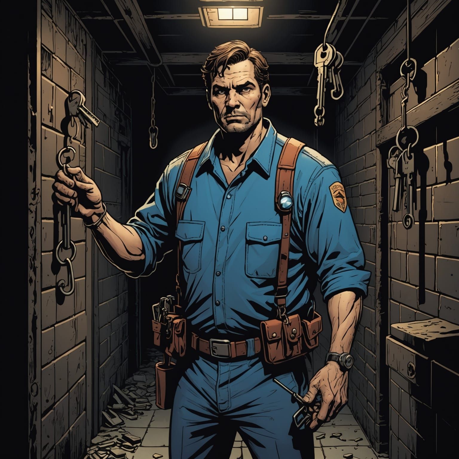 Menacing Janitor in Dark Cellar, Comic Book Art