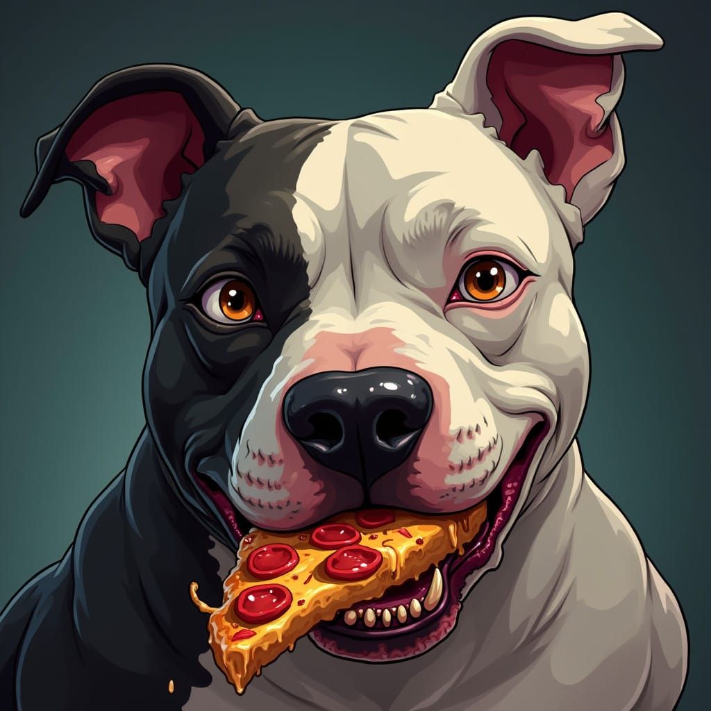Pitbull Malicioso Devorando Pizza em Estilo Manga