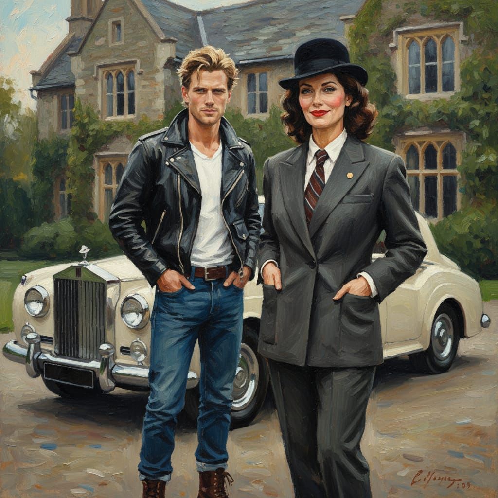 Elegant Woman and Biker Man in 1960s Manor Scene