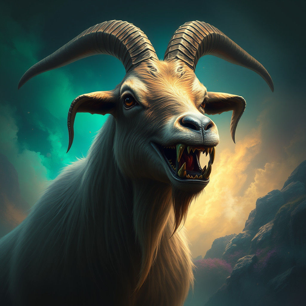 Majestic Goat with Crocodile Teeth in Dreamscape