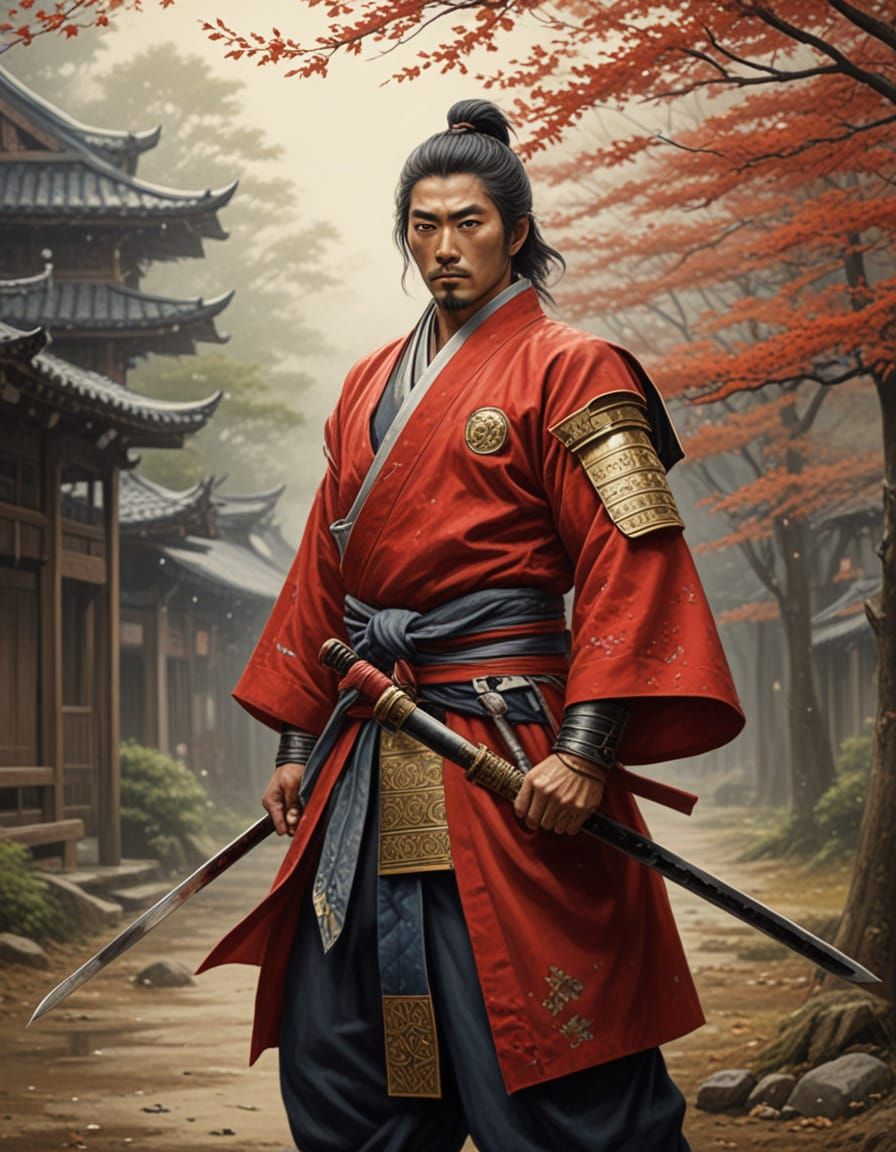 Classic Japanese Warrior Art Depicting Samurai in Battle