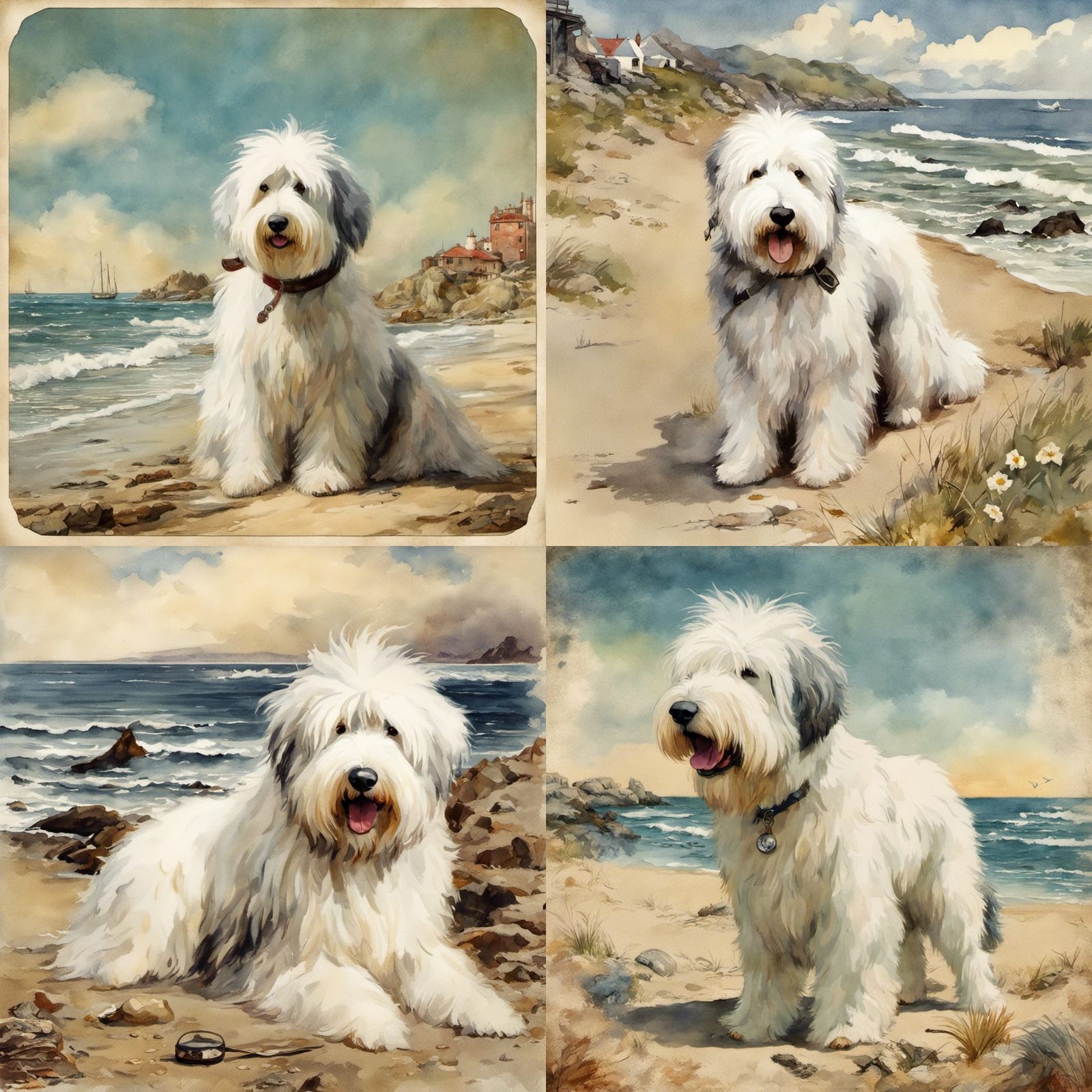 Sheepdog at the Beach: Vintage Watercolor Postcard