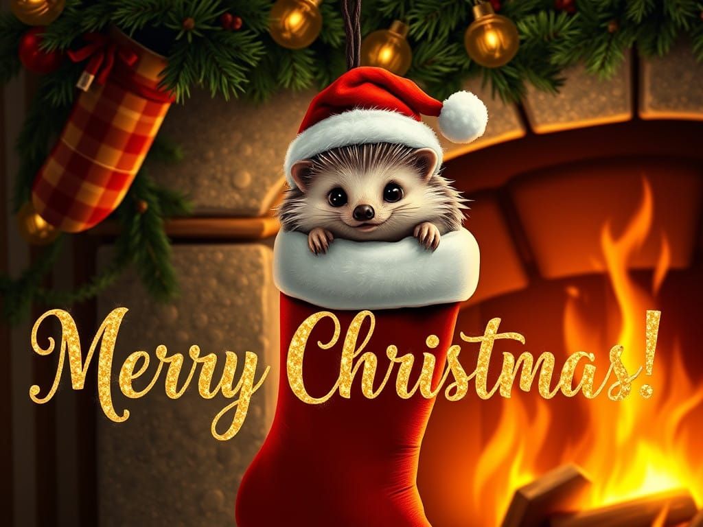 Whimsical Hedgehog Christmas Scene in Festive Style