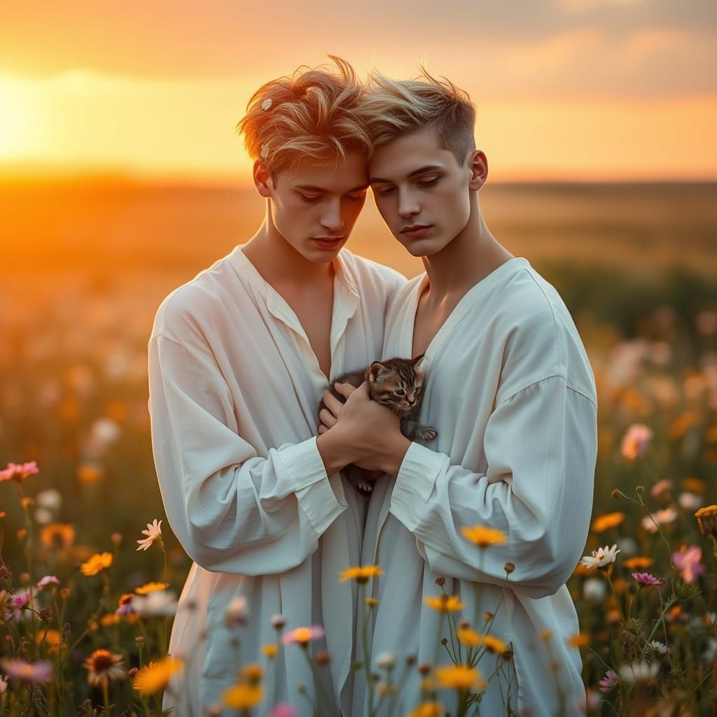 Androgynous Youths with Kitten in Wildflower Field