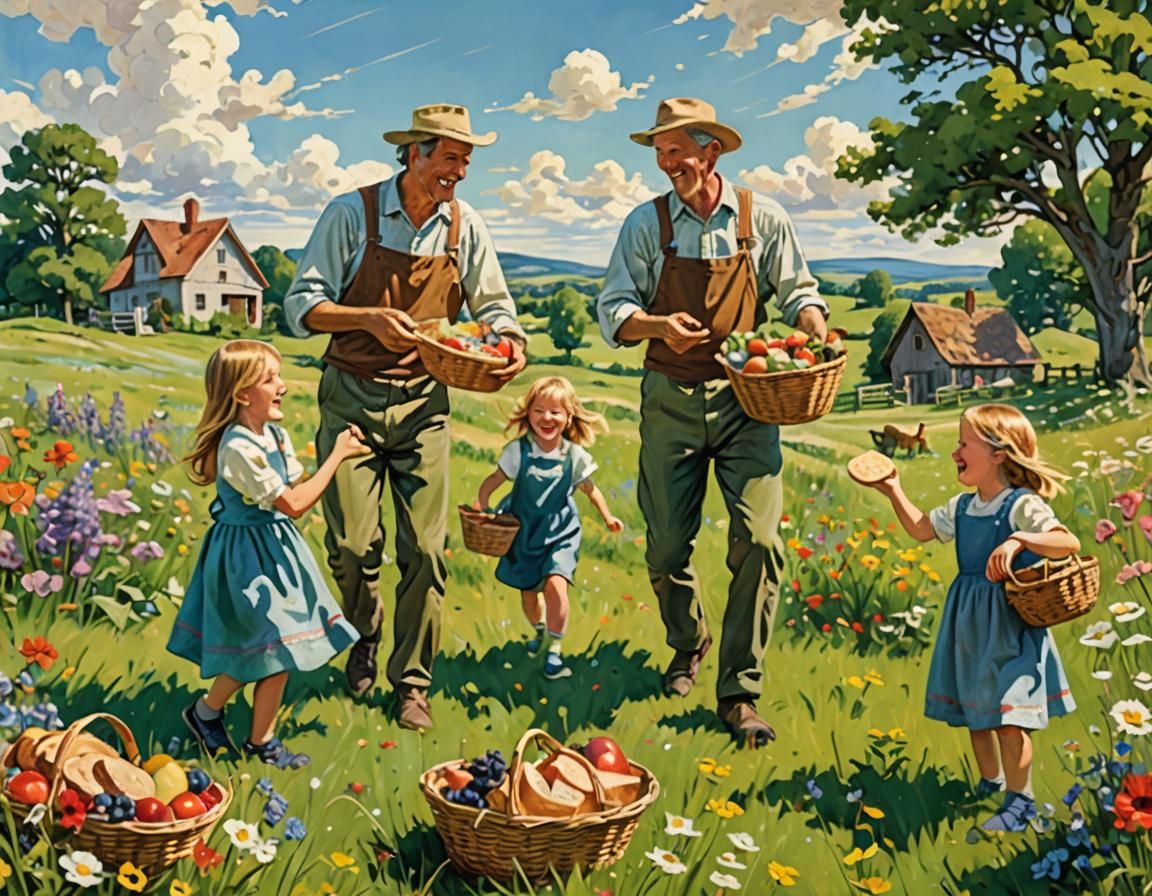 Family Picnic in Meadow, Impressionistic Style