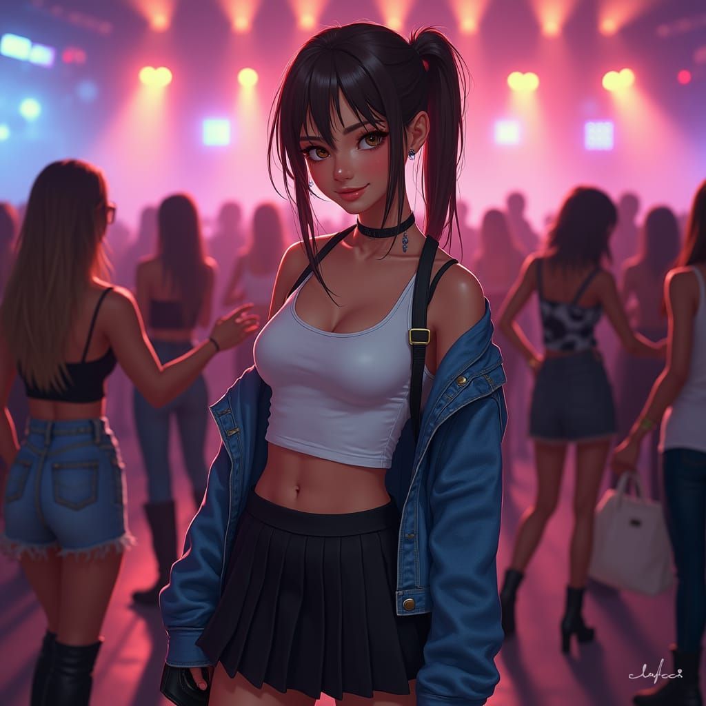 Young Woman in Denim at Nightclub, Photorealistic Digital Ar...