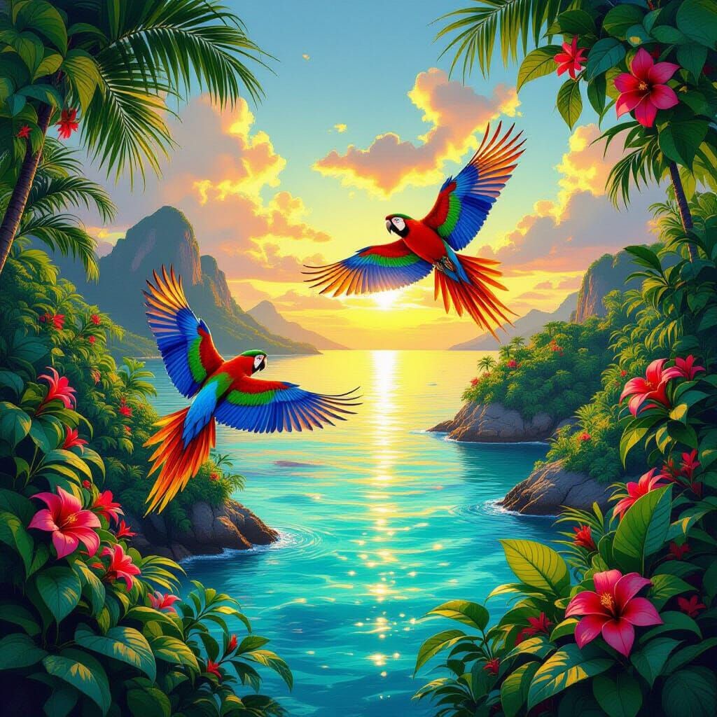 Tropical Island Paradise with Flying Parrots at Golden Hour