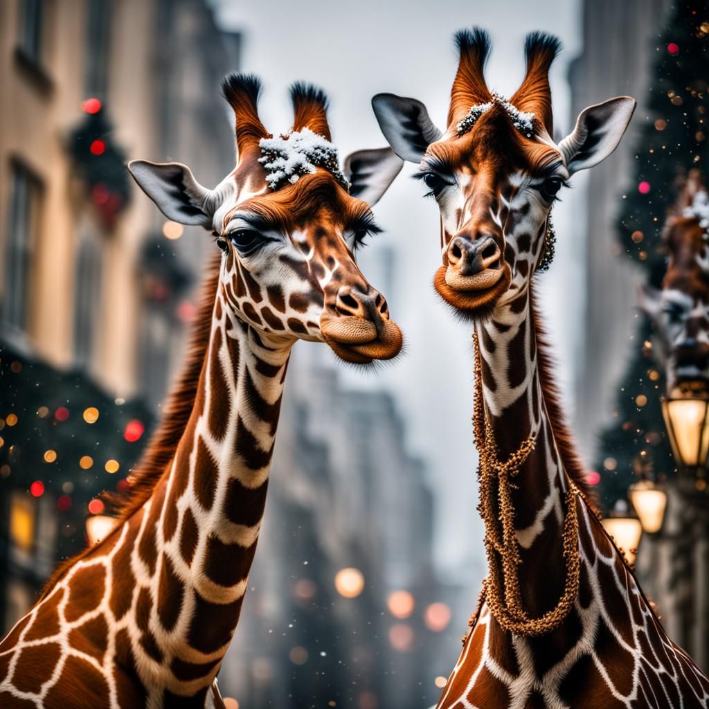 Festive Giraffes in Hyperrealistic Christmas Scene