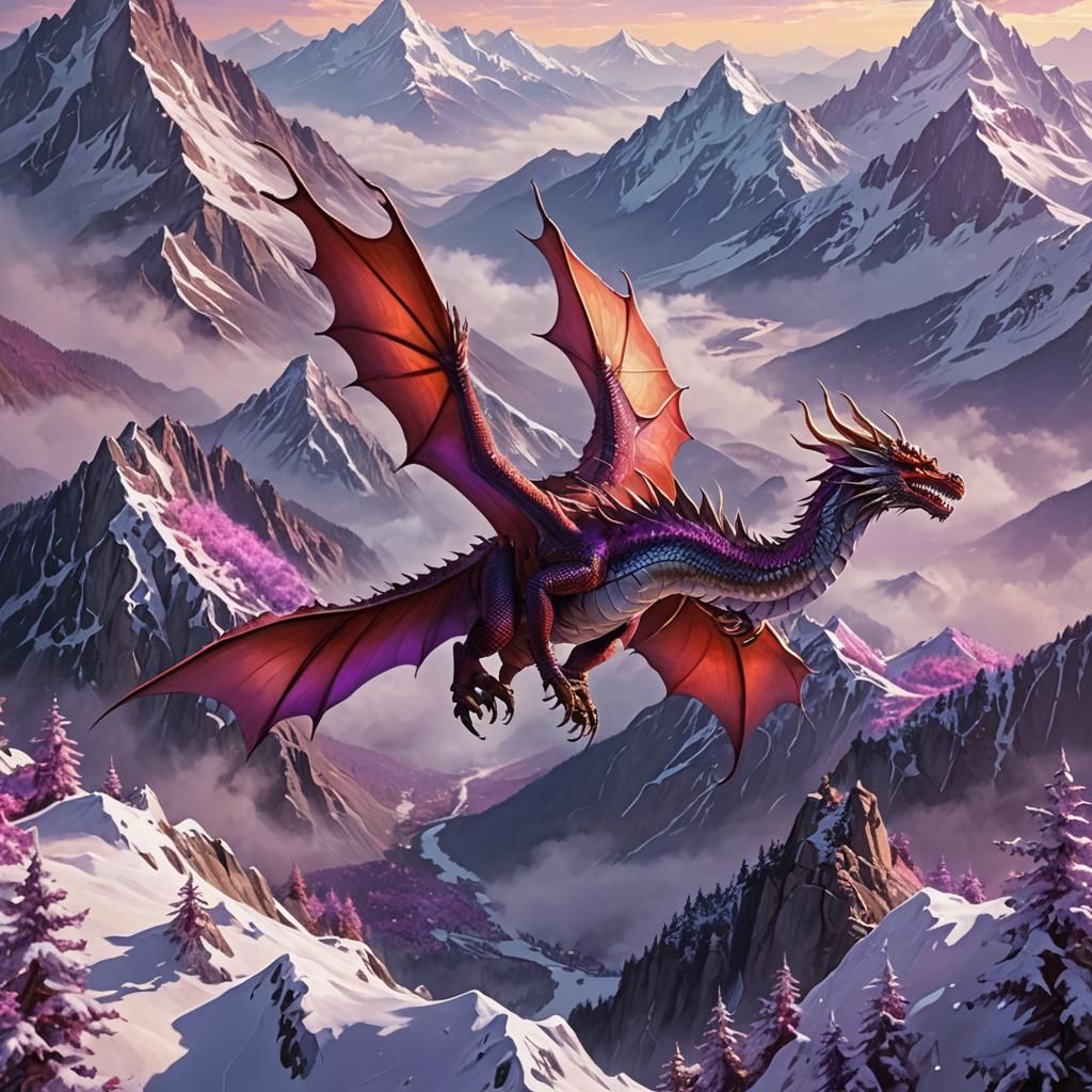 Majestic Red Dragon Soaring Over Snowy Peaks