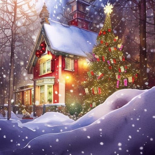 Watercolor  Christmas house