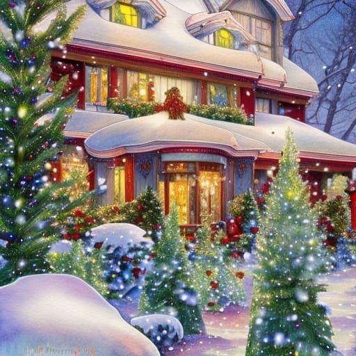 Watercolor Christmas house