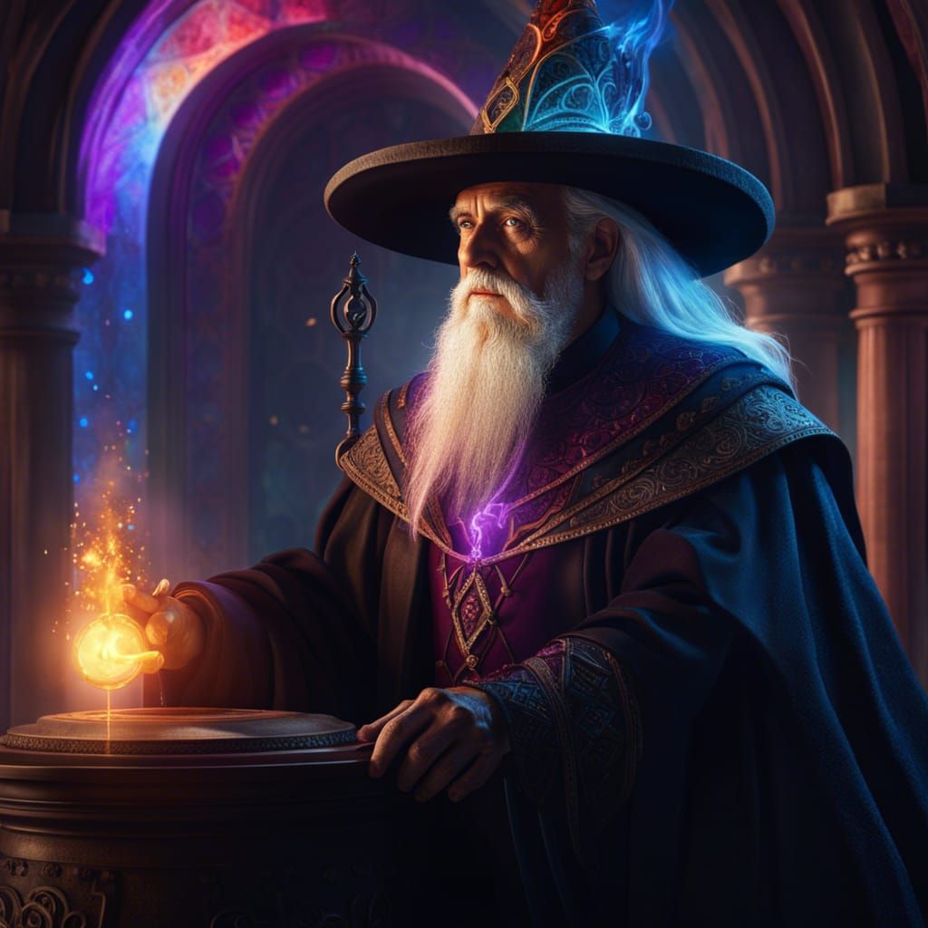 Fantasy Wizard Casting Spells in Stone Tower