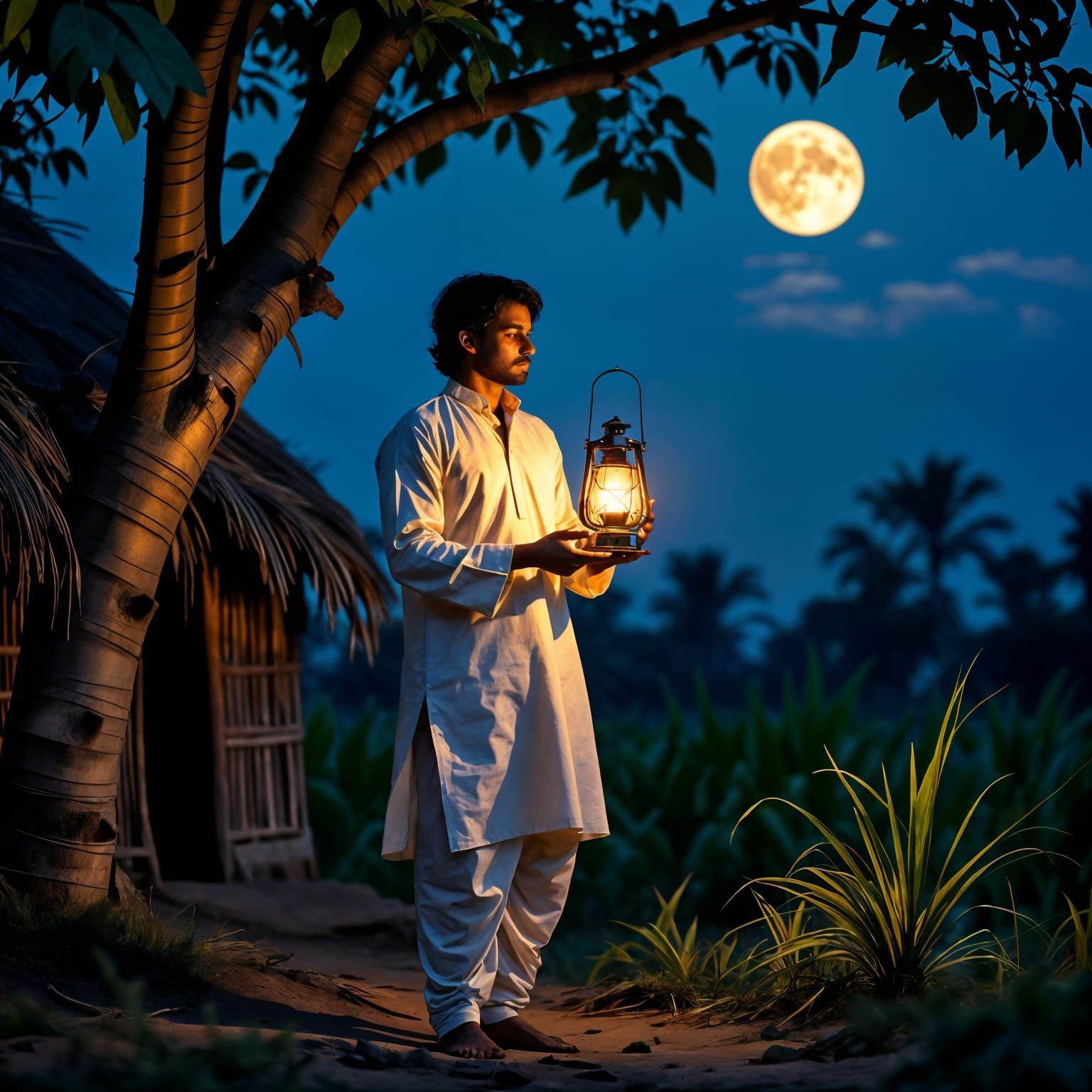 Indian Man with Lantern in Moonlit Village