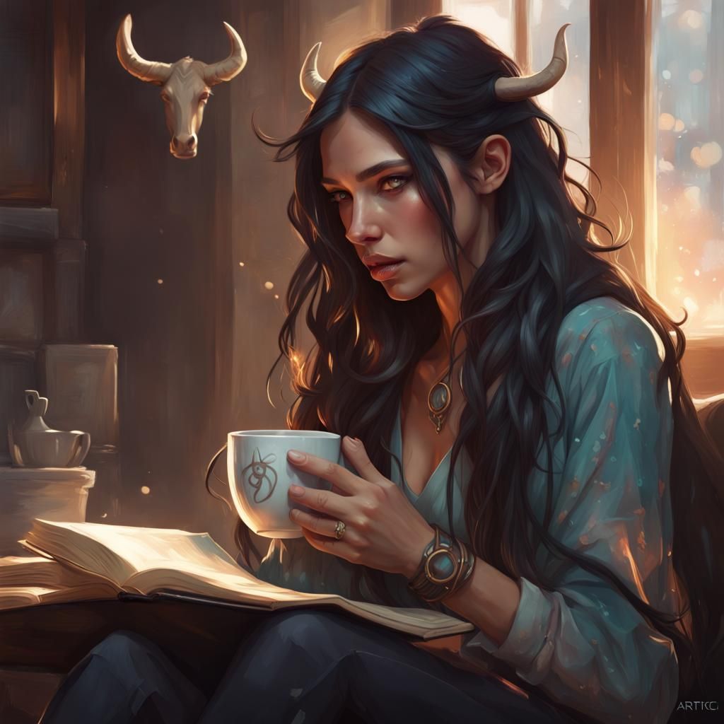 Girl with Taurus Symbol Reading, Hyperdetailed Art