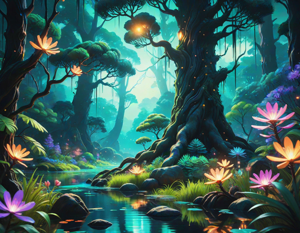 Glowing Jungle Unfolds Under Ethereal Black Pine