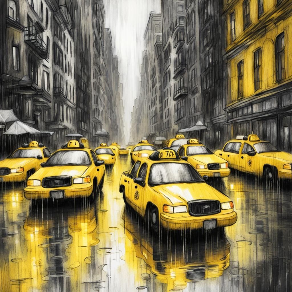 Rainy New York Street Scene in Cartoon Style