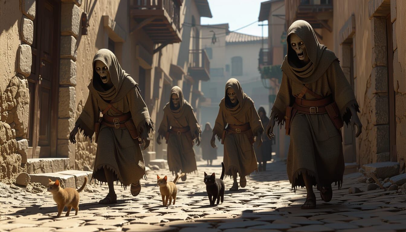 Dystopian Scene: Desperate Figures Chase Stray Animals