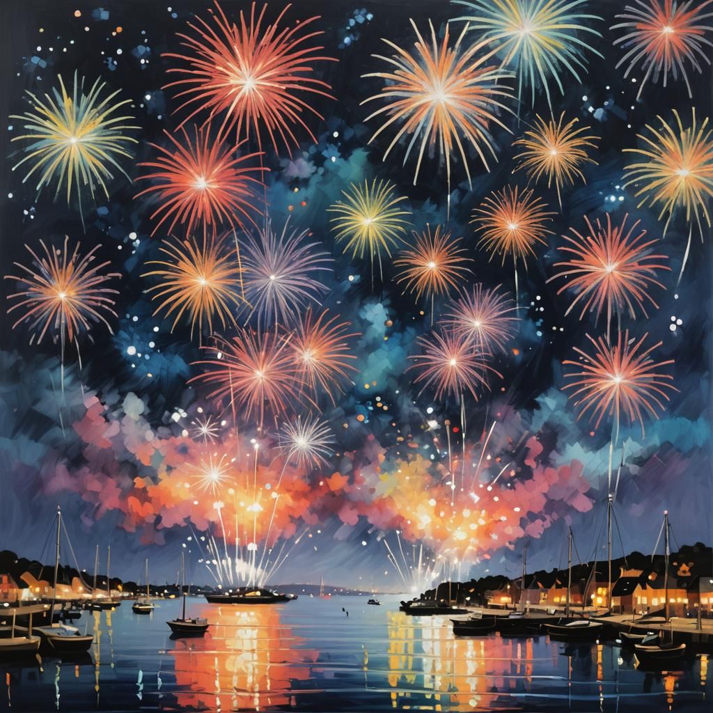 Fireworks display in nights sky over a harbour 

SB