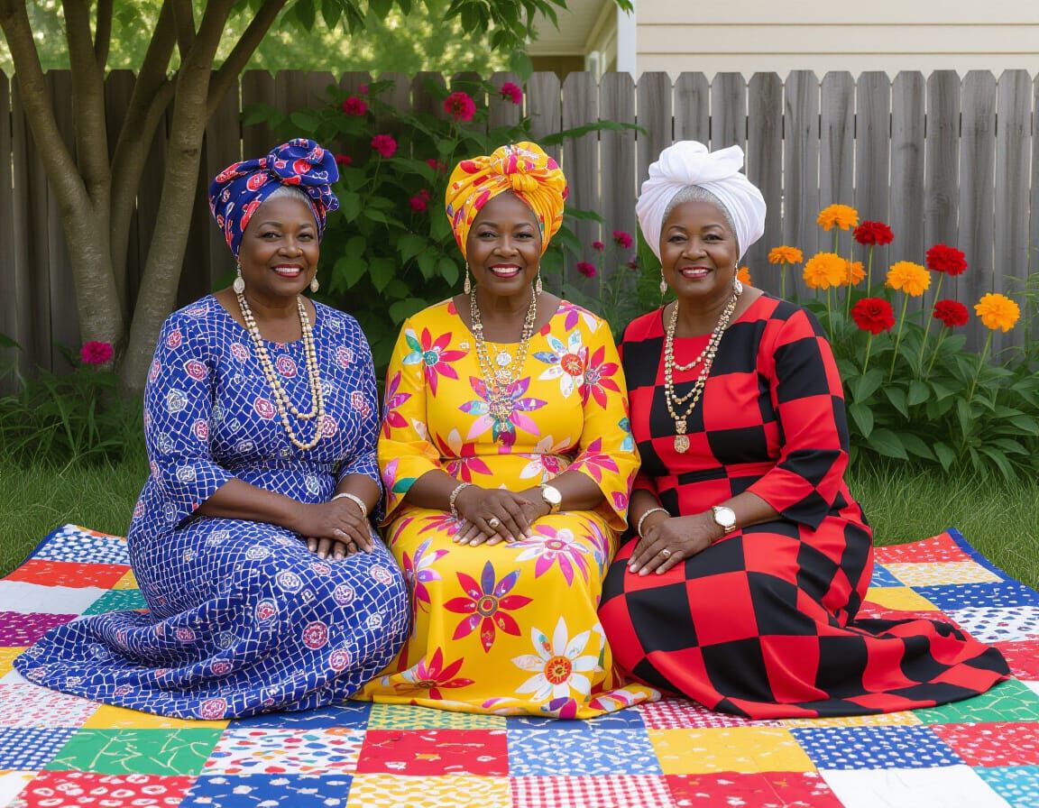 Black Women on Quilt in Vibrant Folk-Art Style