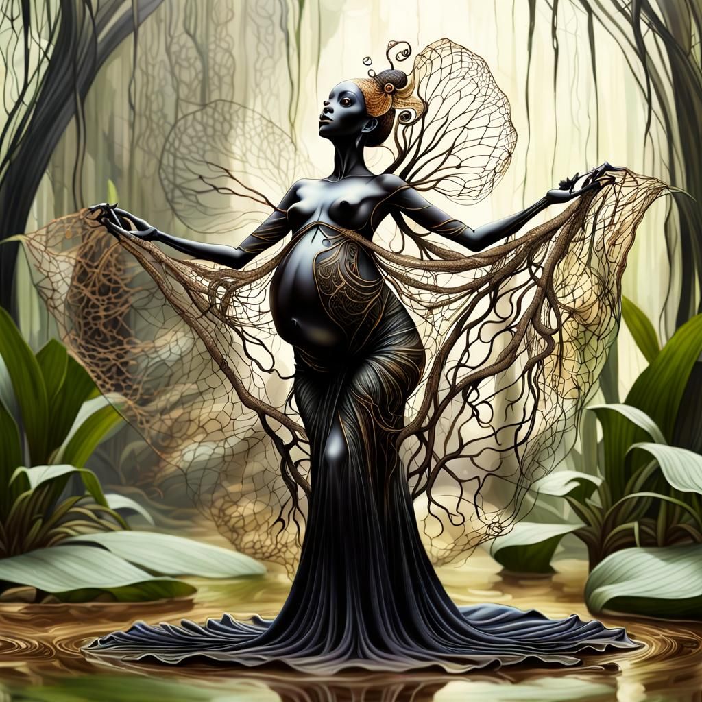 Ethereal Pregnant Swamp Goddess in Woodcut Style