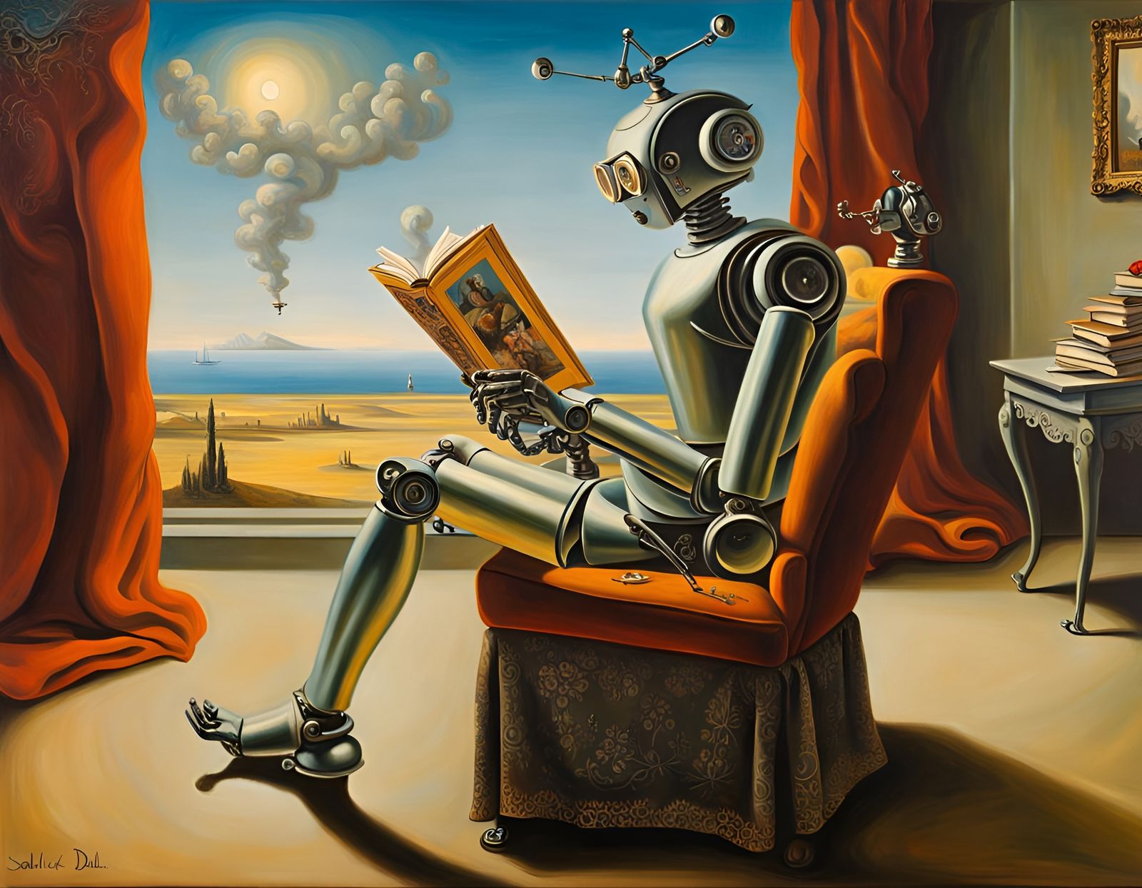 Surreal Robot Readers in Detailed Oil Painting Style