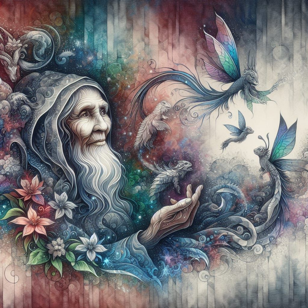 Mystical Elderly Dragon Matriarch in Watercolor Style